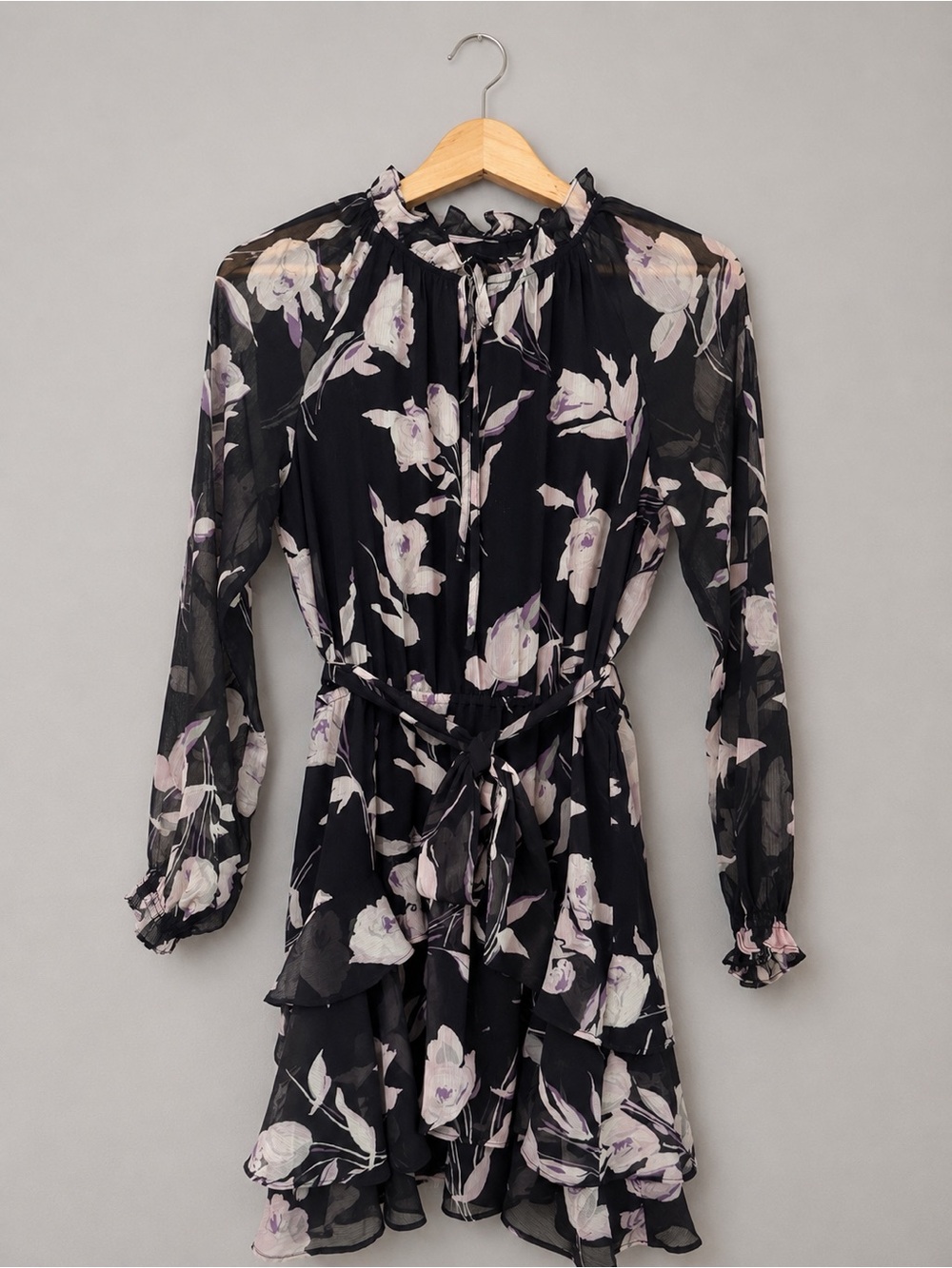 Ralph Lauren Black Floral Long-Sleeve Ruffle Dress